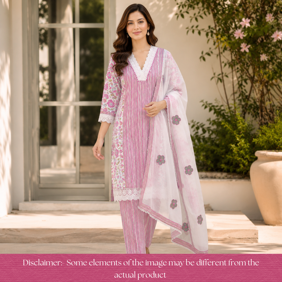Dulhan Pink Floral and Stripe Panel Print with V Neck Lace Cotton Set