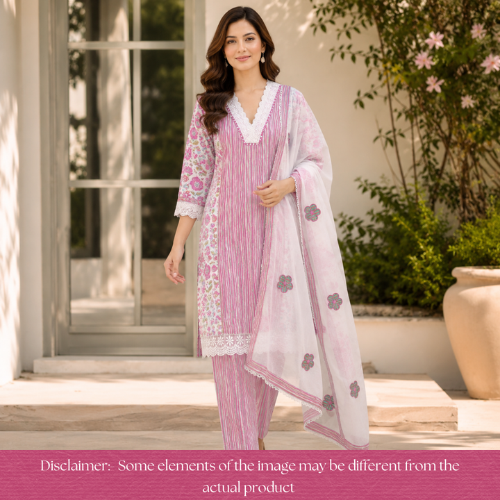 Dulhan Pink Floral and Stripe Panel Print with V Neck Lace Cotton Set