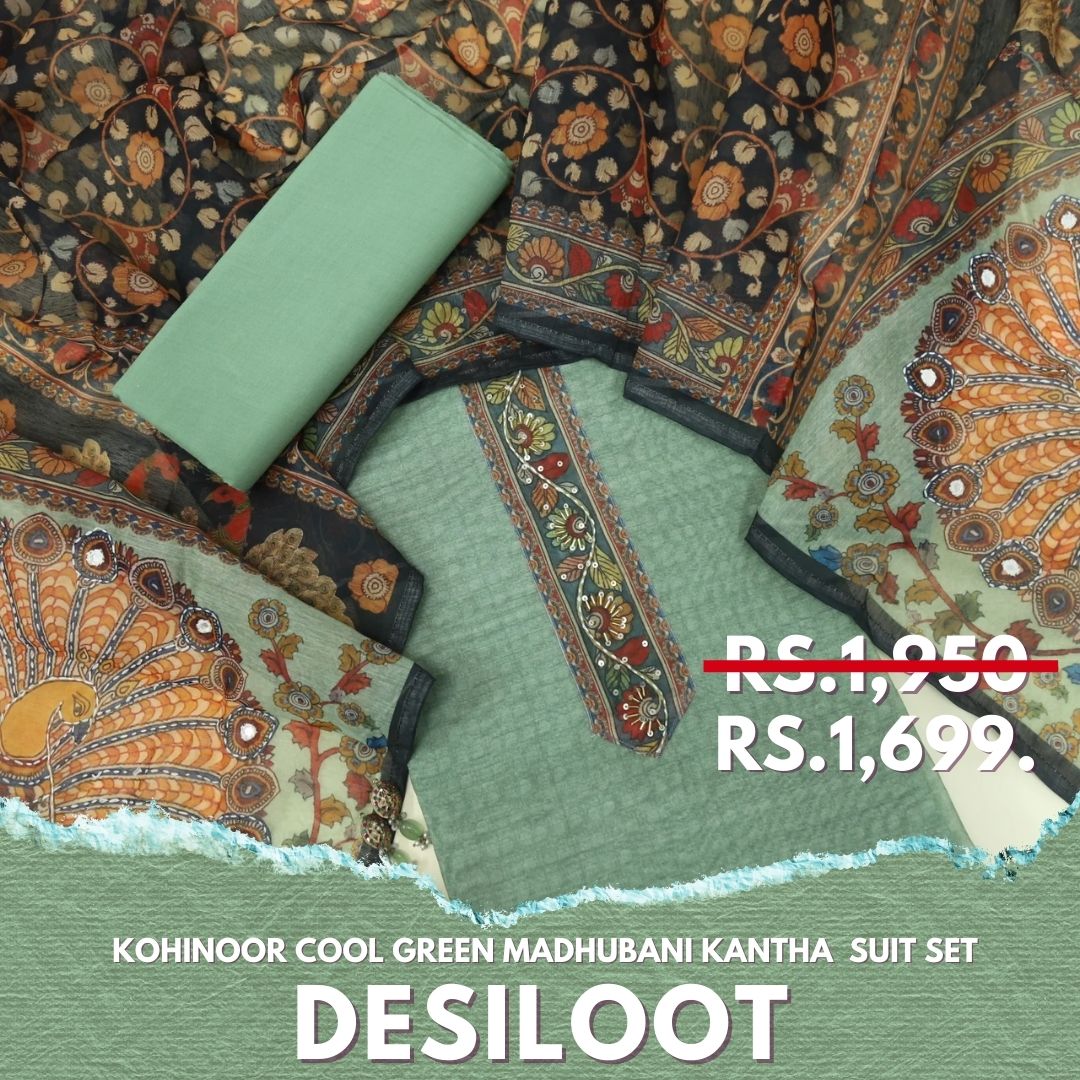 Kohinoor Cool Green Chanderi Top with Madhubani Kantha Dupatta Set