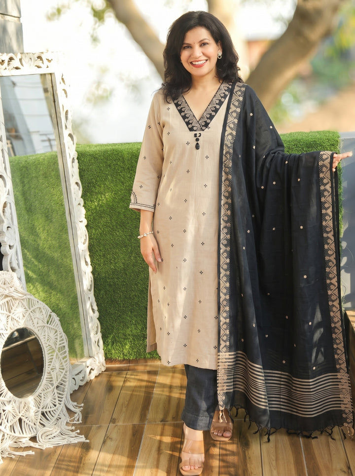 Emily Beige with Black Weaved South Cotton 3 Piece Set