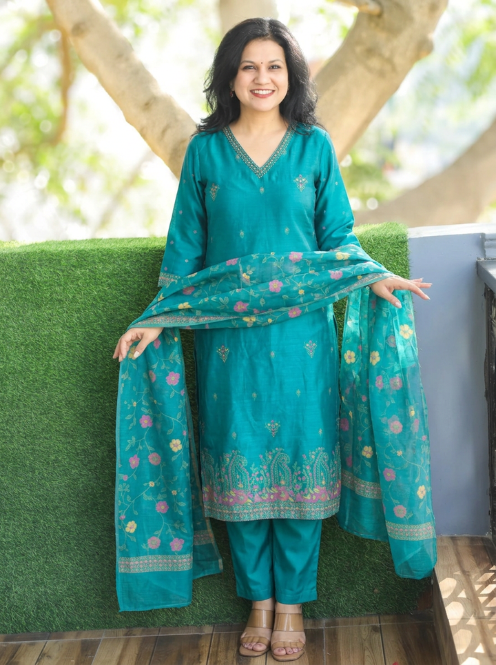 Madhuri Teal Floral Jamdani 3 Piece Set