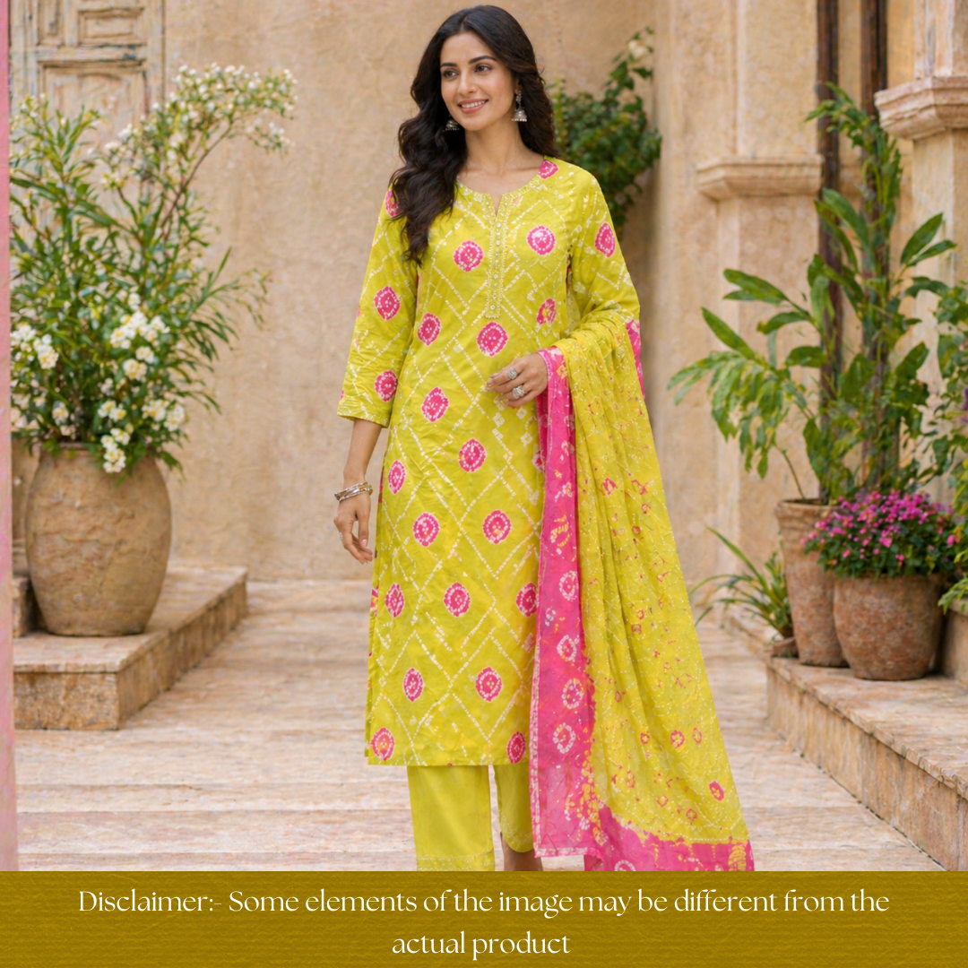 Bilori Mint Green Lace Patch Authentic Bandhej Work Cotton Suit Set
