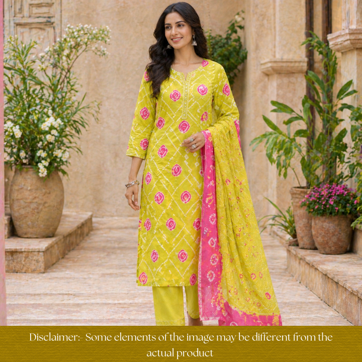 Bilori Mint Green Lace Patch Authentic Bandhej Work Cotton Suit Set