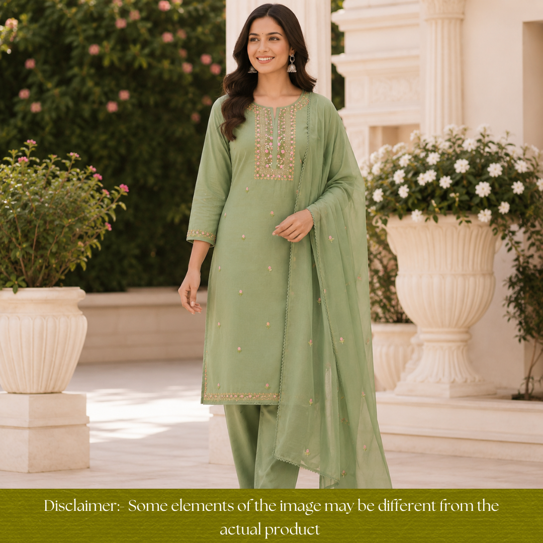 Praushna Castleton Mint Kolkata Hand Embroidered Mul Cotton Set