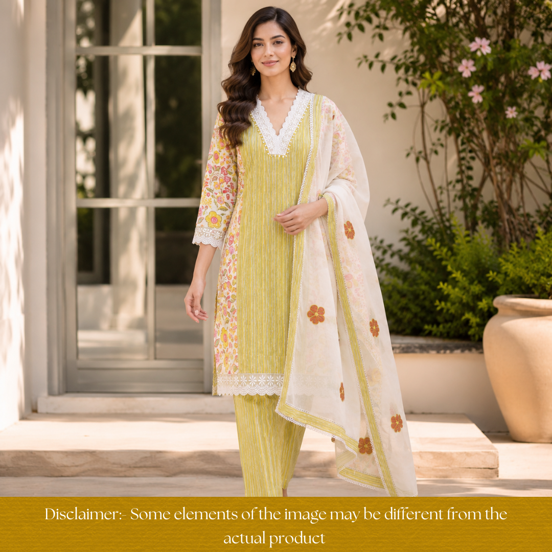 Dulhan Yellow Floral and Stripe Panel Print with V Neck Lace Cotton Set
