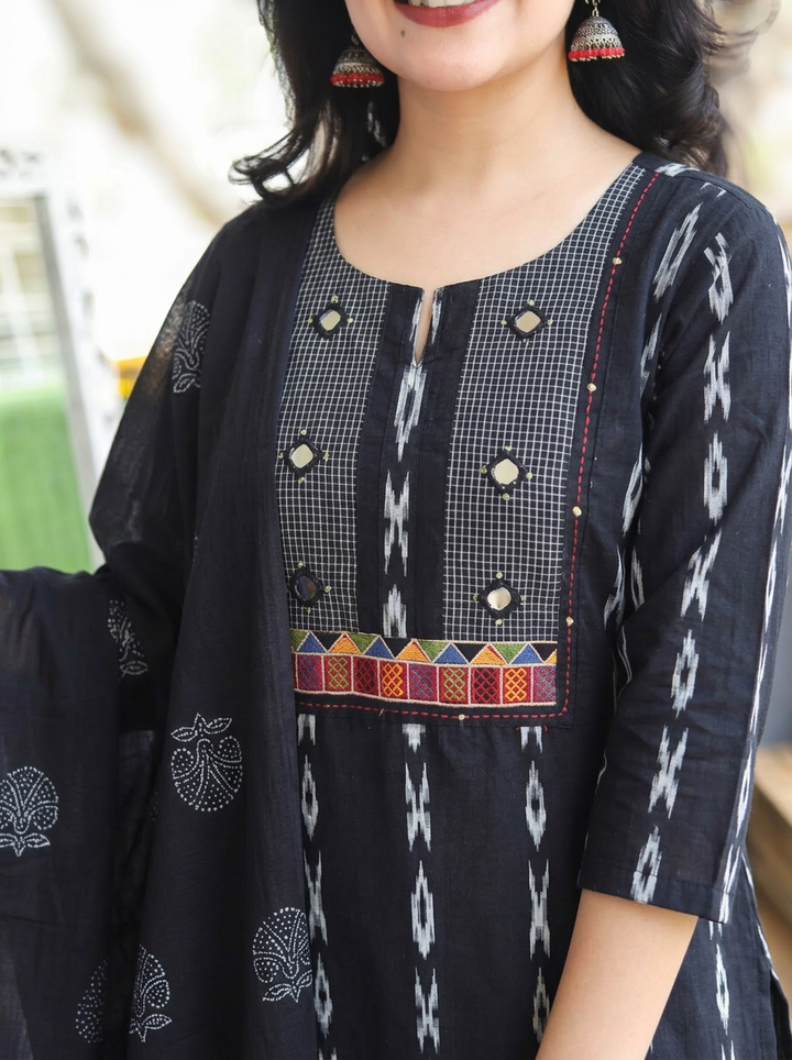 Radhika Black Mirror Embroidered Cotton 3 Piece Set