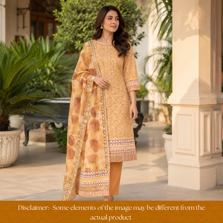 Saarthi Dandelion Yellow Floral Printed Zari Weaved Hem Assam Silk Set
