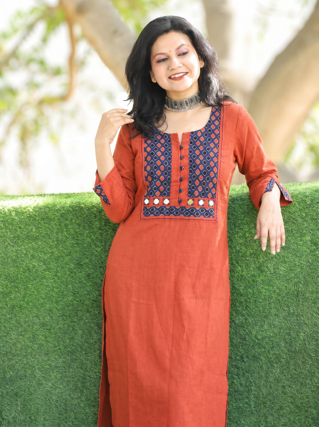 Sridevi Rust Orange Potli with Mirror Ajrak Yoke Cotton Kurti