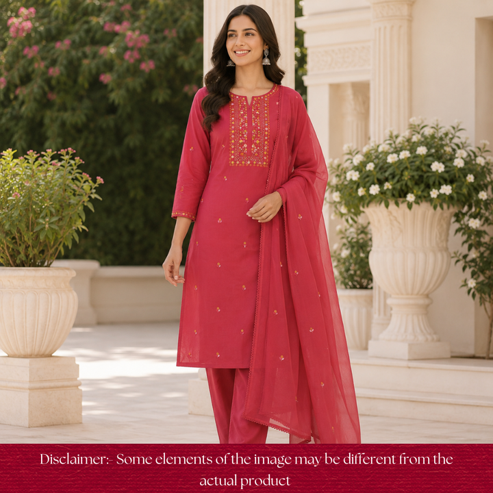 Praushna Rani Pink Kolkata Hand Embroidered Mul Cotton Set
