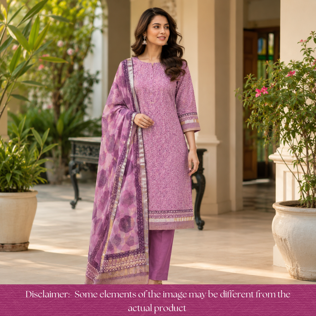 Saarthi Orchid Lilac Floral Printed Zari Weaved Hem Assam Silk Set