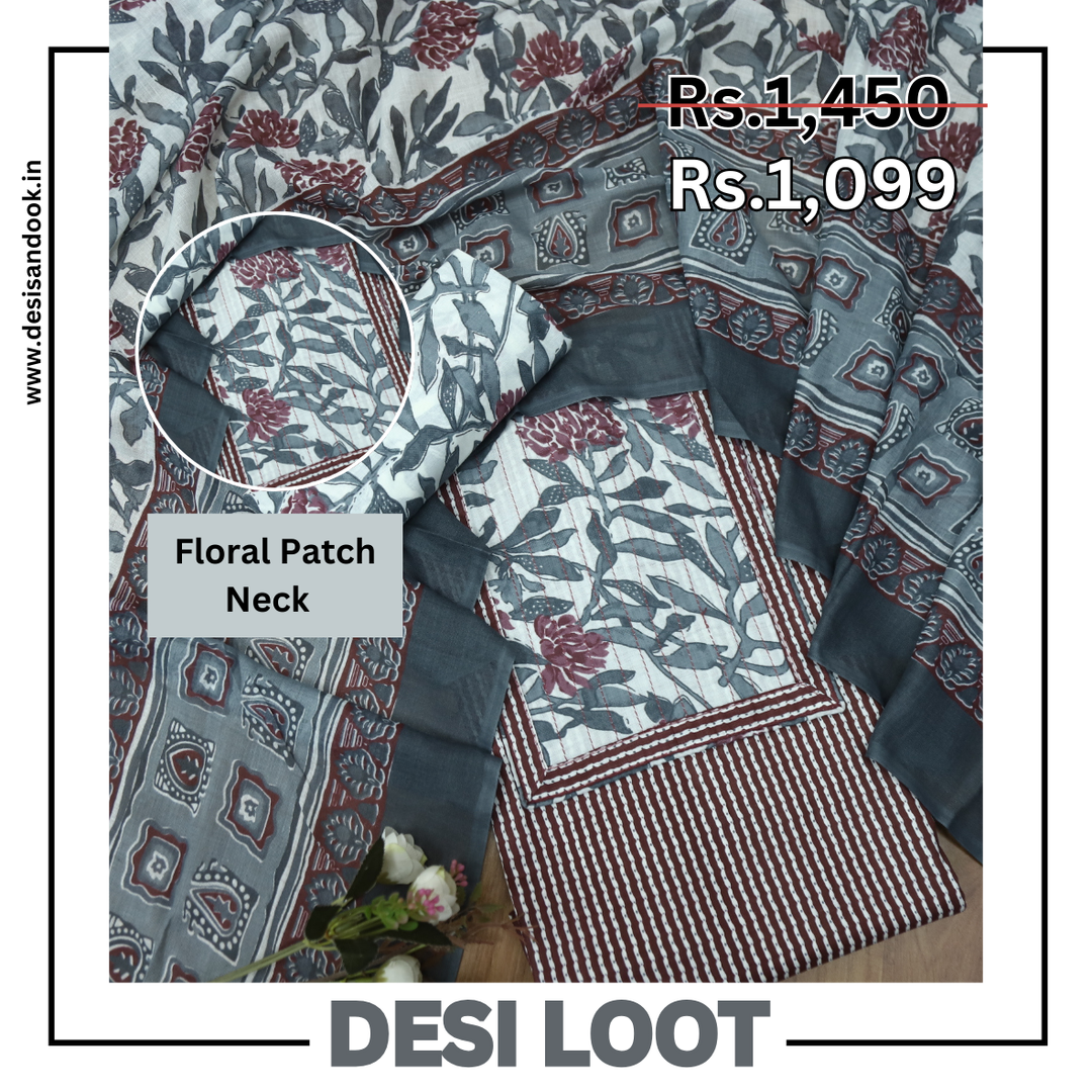 Riwa Wine Purple Floral Patch Neck Work Printed Cotton Suit Set