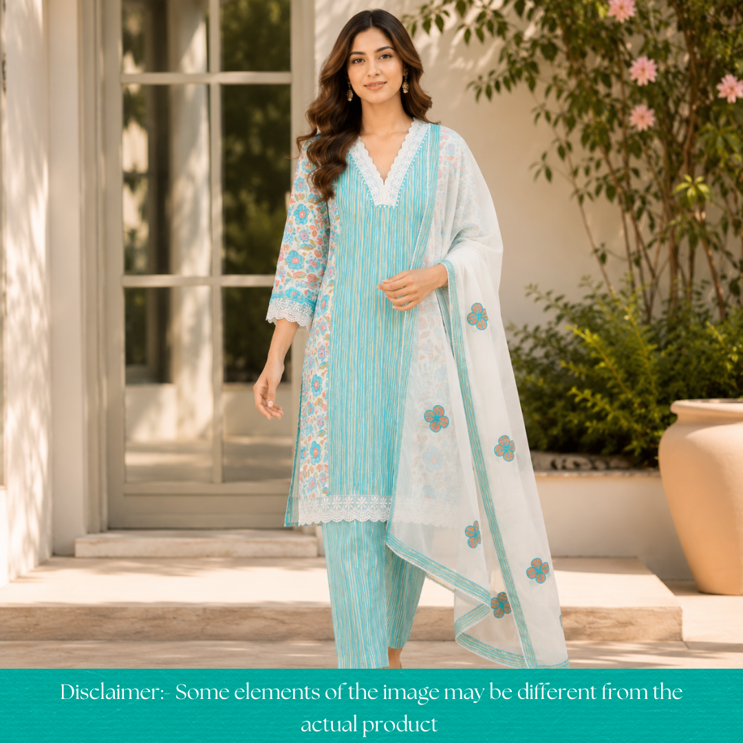 Dulhan Aqua Blue Floral and Stripe Panel Print with V Neck Lace Cotton Set