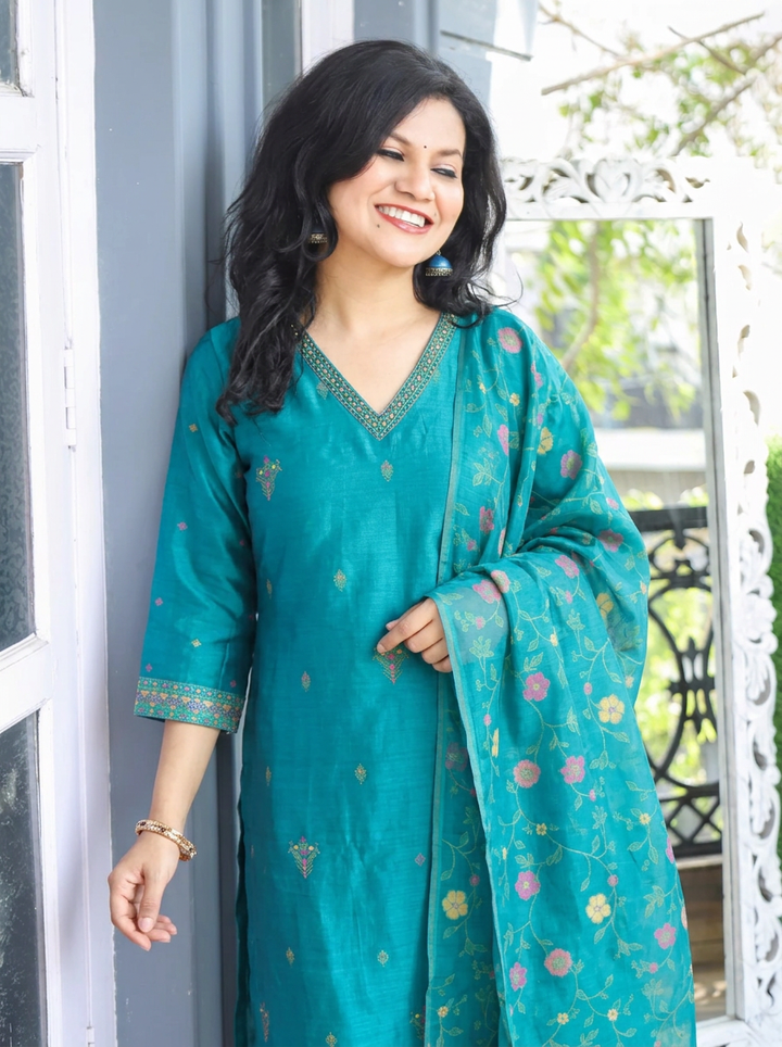 Madhuri Teal Floral Jamdani 3 Piece Set