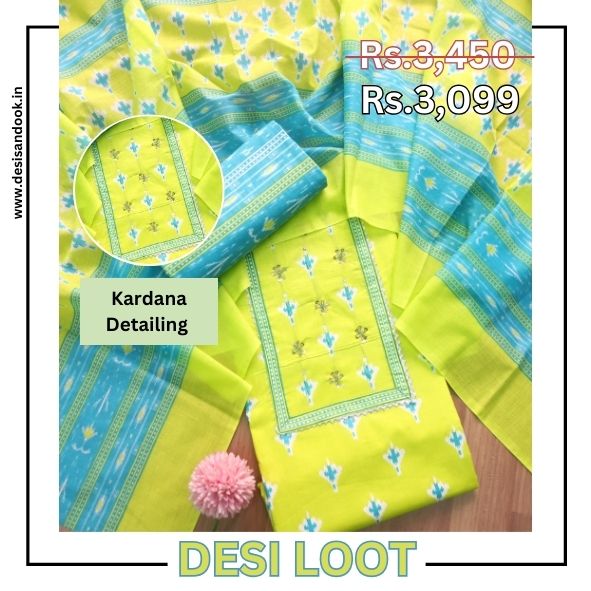 Riwa Neon Green Kardana Detailing Digital Printed Cotton Suit Set
