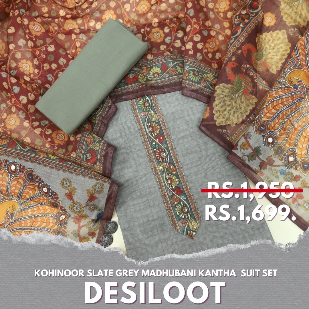 Kohinoor Slate Grey Chanderi Top with Madhubani Kantha Dupatta Set