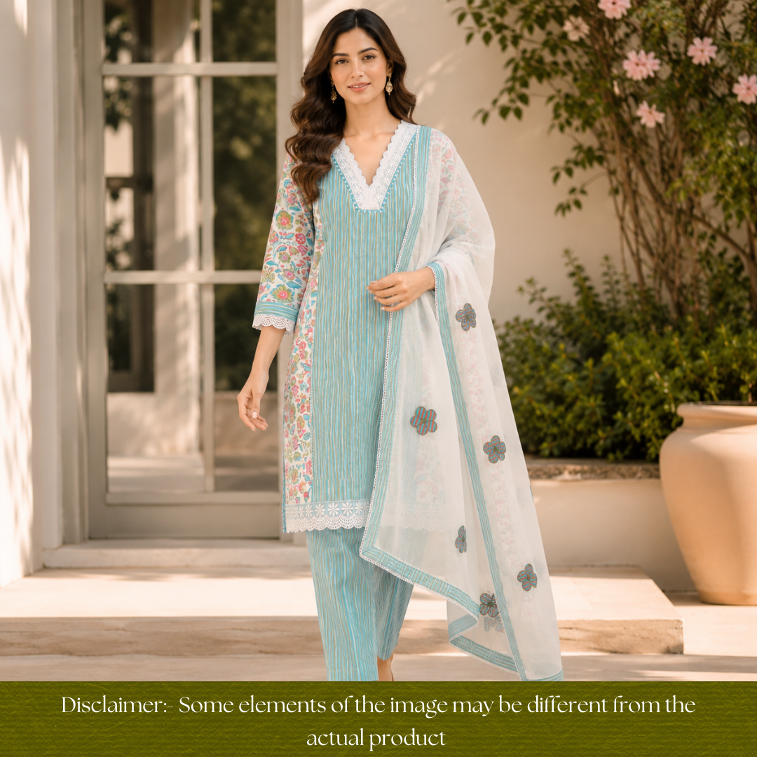 Dulhan Green Floral and Stripe Panel Print with V Neck Lace Cotton Set