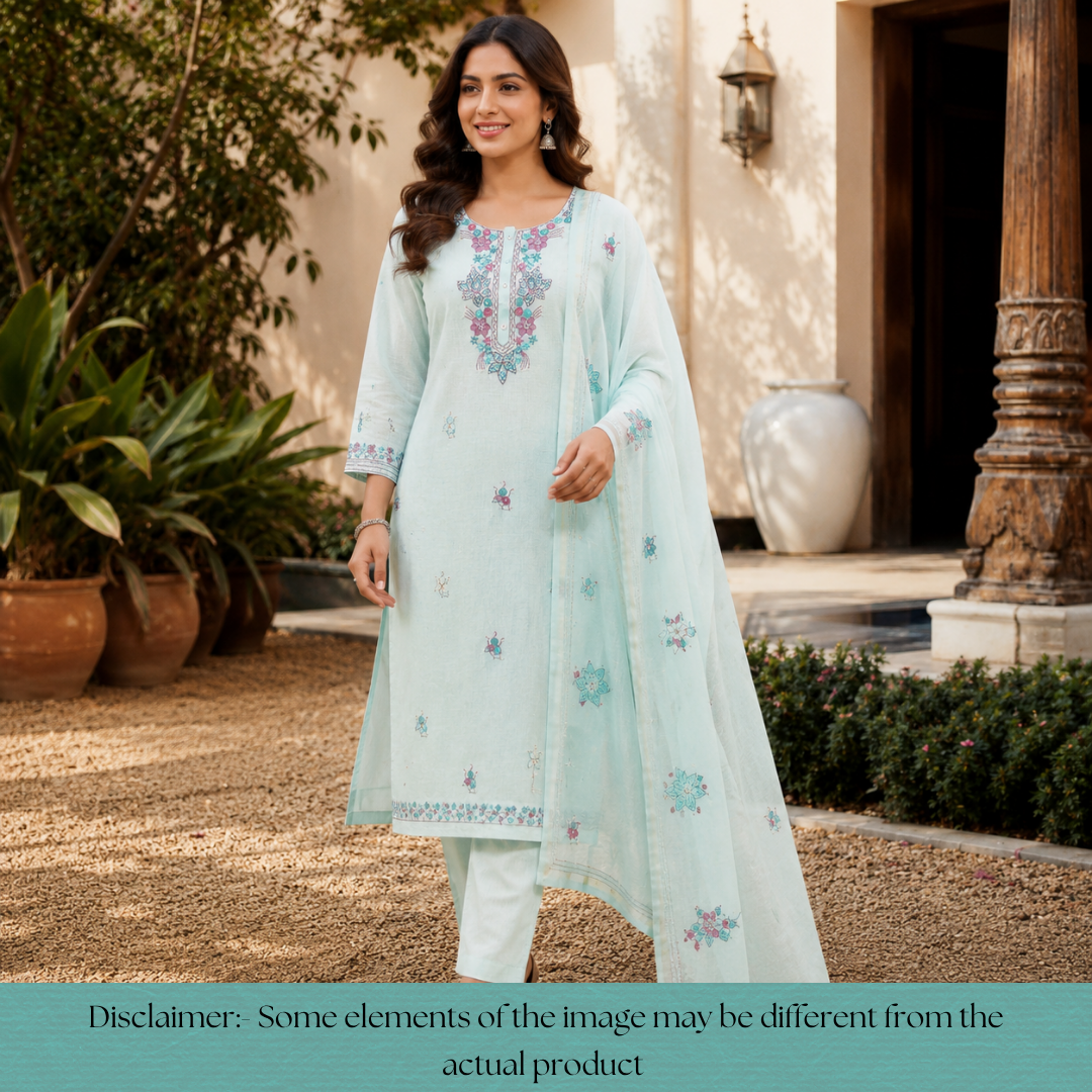 Ruby Powder Blue Kolkata Hand Embriodered Kota Doriya Set