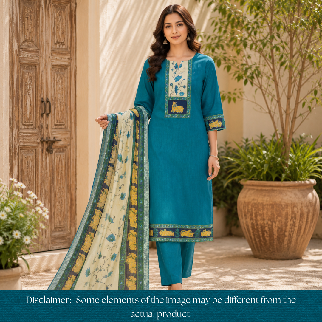 Harshi Cerulean Teal Pichwai Patch with Patra Maheswari Silk Set