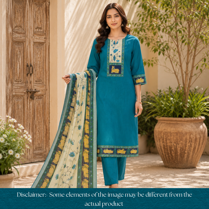 Harshi Cerulean Teal Pichwai Patch with Patra Maheswari Silk Set