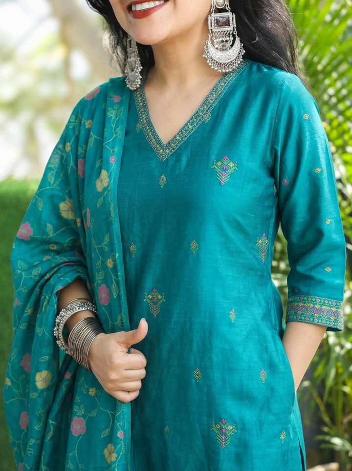 Madhuri Teal Floral Jamdani 3 Piece Set