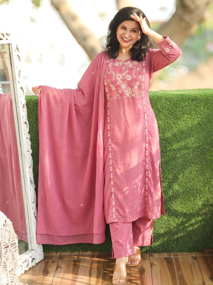 Rimjim Mauve Blush Embroidered Mul Cotton Set