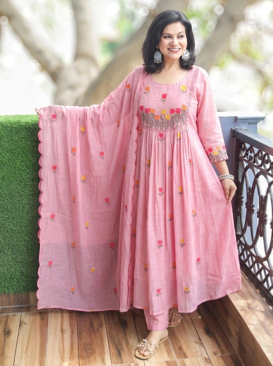Malika Petal Pink Embroidered Mul Chanderi Set