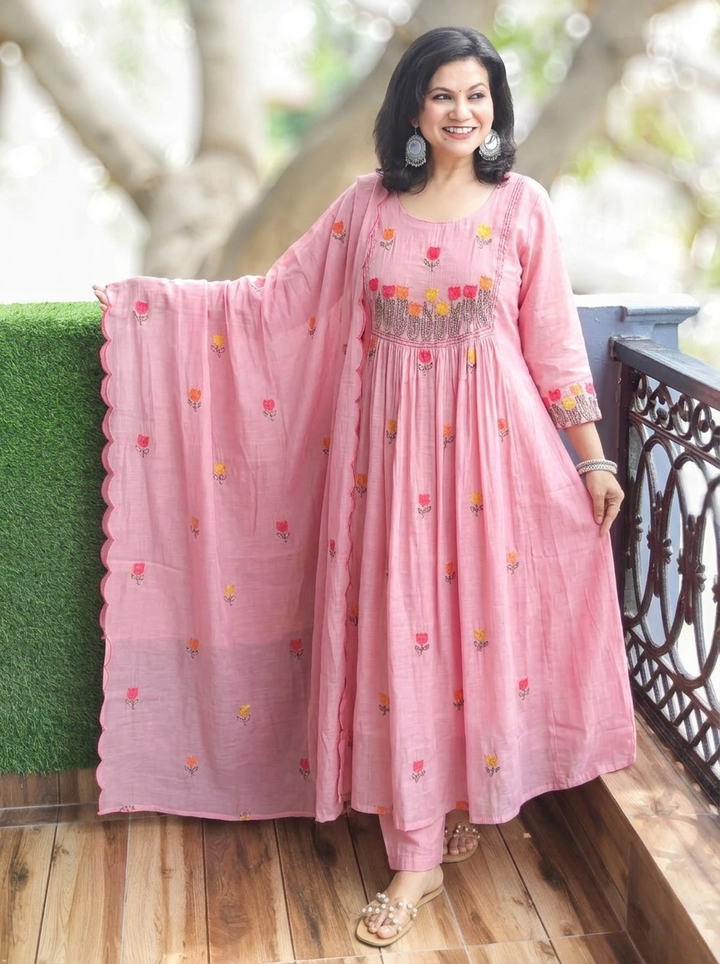 Malika Petal Pink Embroidered Mul Chanderi Set