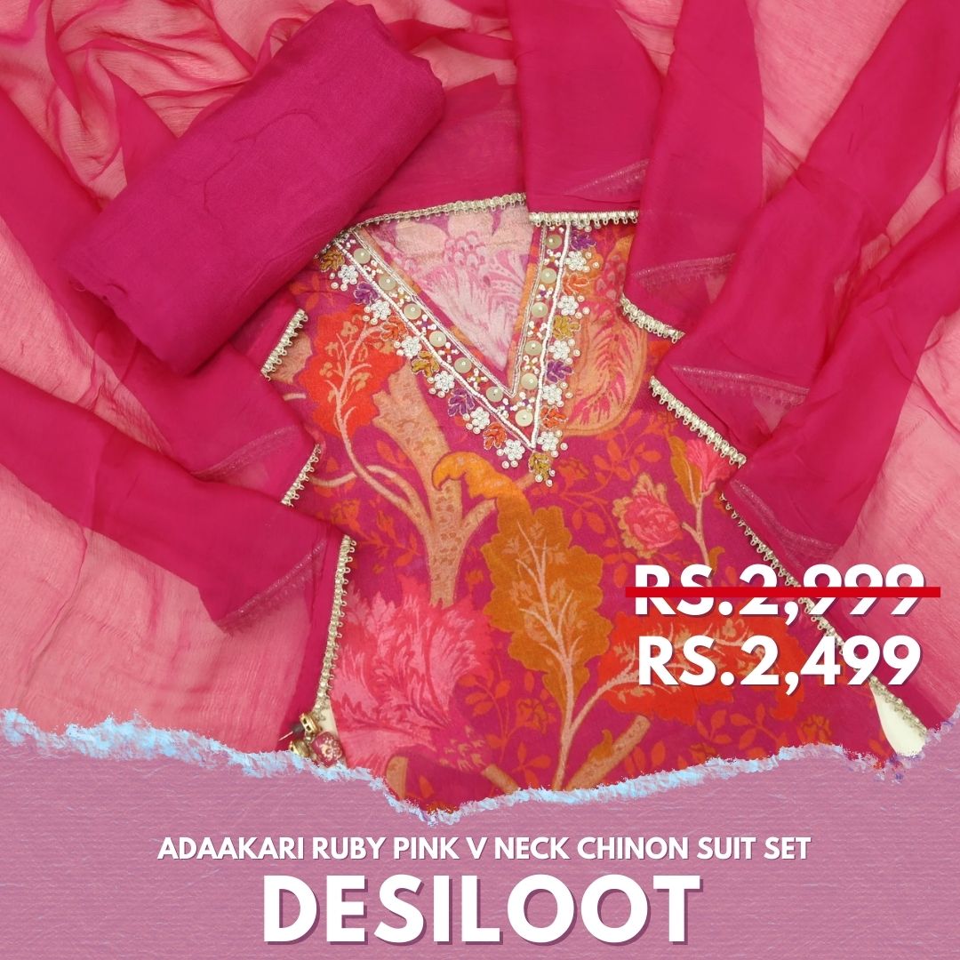 Adaakari Ruby Pink V Neck Moti Work Floral Print Chinon Suit Set