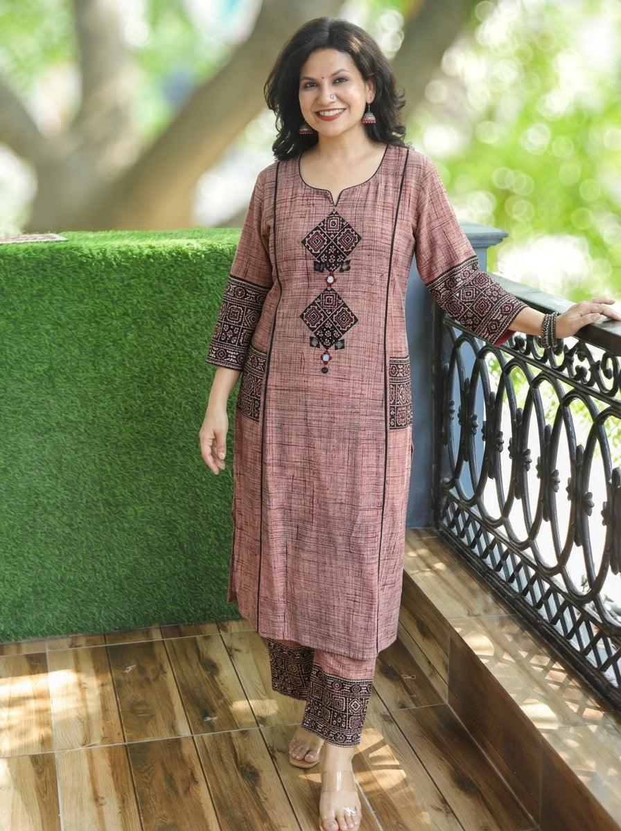 Madhvi Sand Beige Ajrakh Yoke Brush Painted Cotton 2 Piece Set