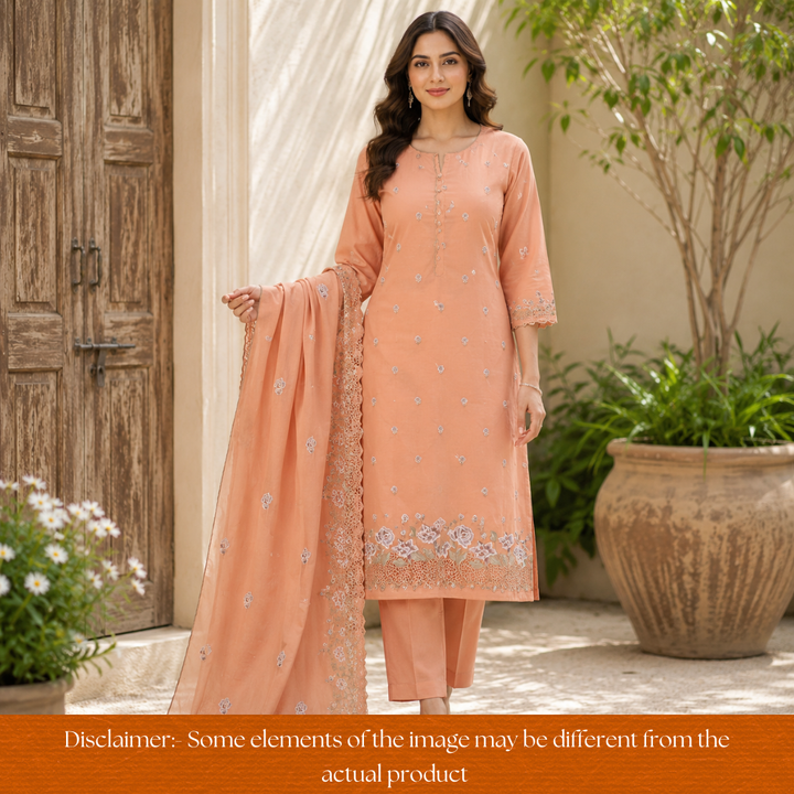 Bilori Coral Peach Cross-Stitch Thread with Jaal Work Mul Chanderi Set