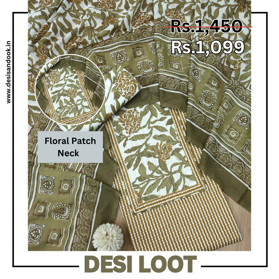 Riwa Peanut Beige Floral Patch Neck Work Printed Cotton Suit Set