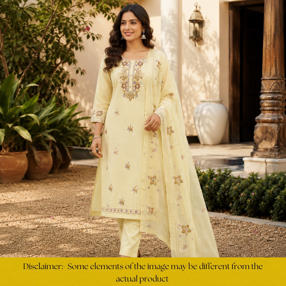 Ruby Butter Yellow Kolkata Hand Embriodered Kota Doriya Set