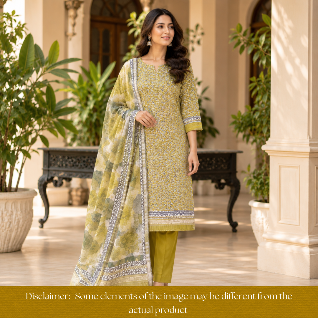 Saarthi Olive Green Floral Printed Zari Weaved Hem Assam Silk Set