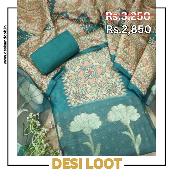 Saheli Cerulean Teal Madhubani Print with Zari Detailing Korean Tussar Chanderi Set