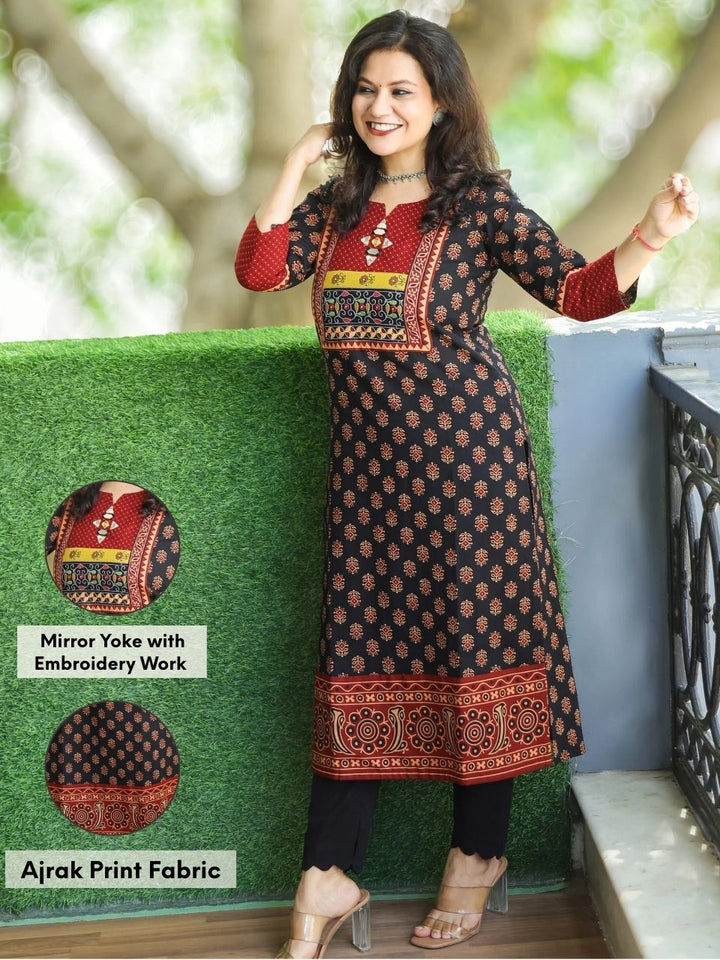 Mohini Raven Black Kutch Mirror Yoke with Embroidery Gamthi Print Cotton Kurti-D3