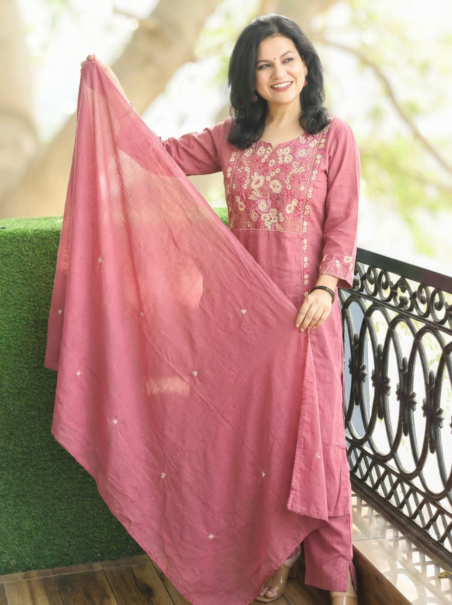 Rimjim Mauve Blush Embroidered Mul Cotton Set
