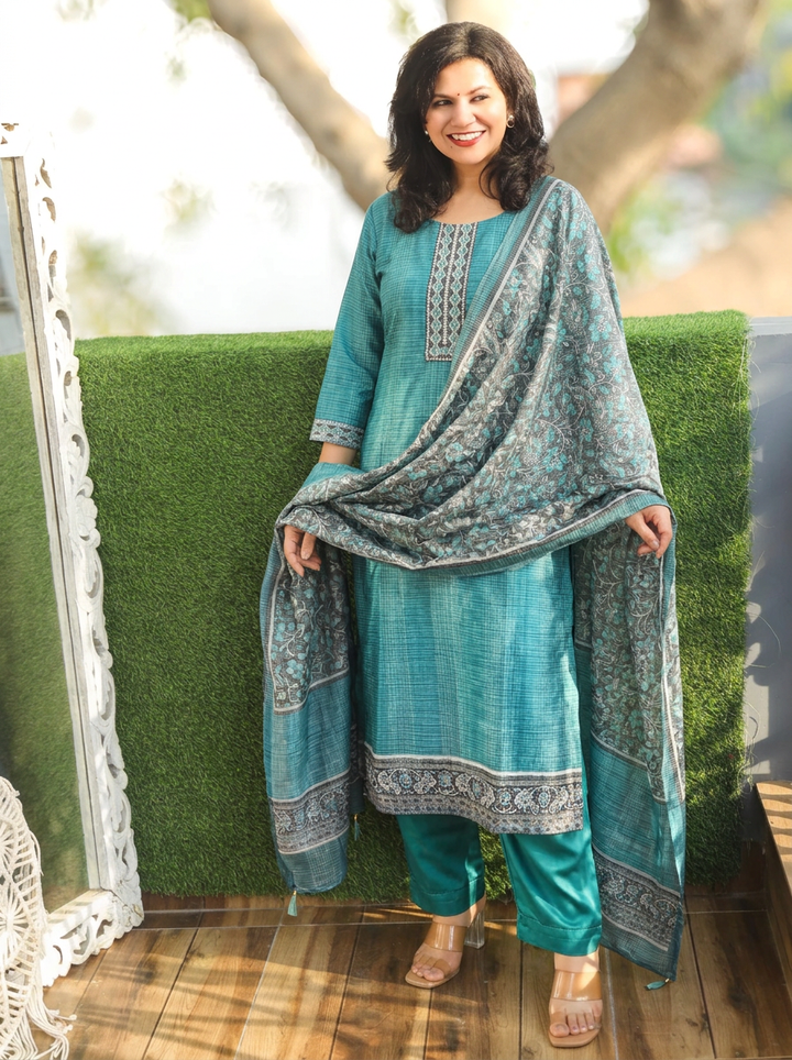 Sushma Aqua Turq Mirror Work Patch Raw Silk 3 Piece Set