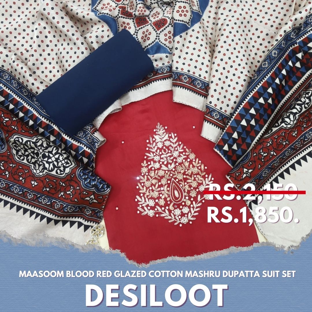 Maasoom Blood Red Glazed Cotton Top and Stole Style Mashru Dupatta-D1