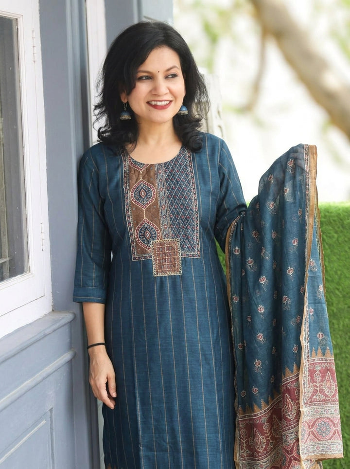 Elisha Navy Blue Kantha Embroidered Chanderi 3 Piece Set