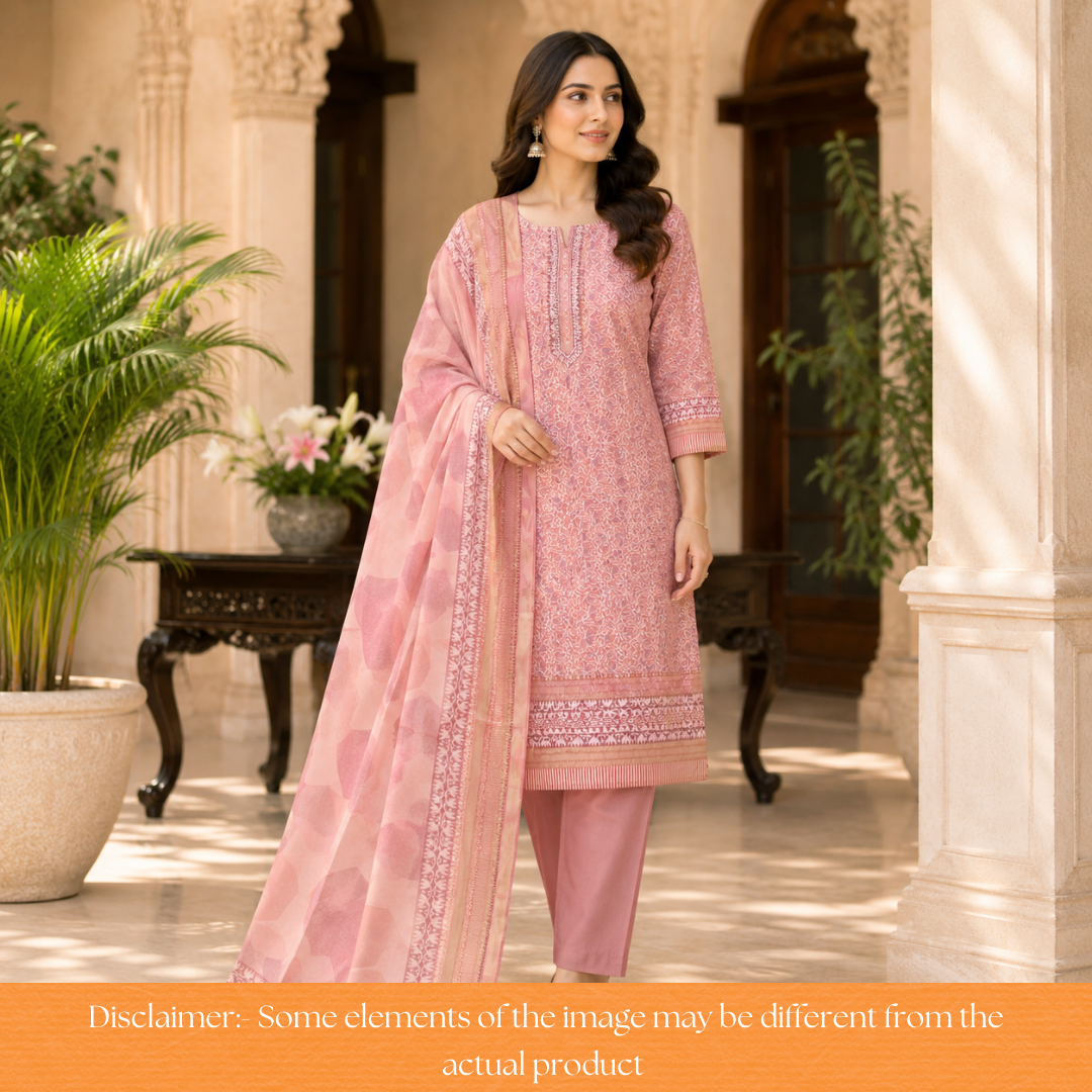 Saarthi Soft Peach Floral Printed Zari Weaved Hem Assam Silk Set