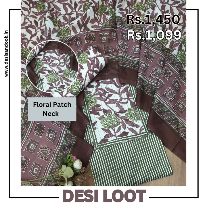 Riwa Pine Green Floral Patch Neck Work Printed Cotton Suit Set