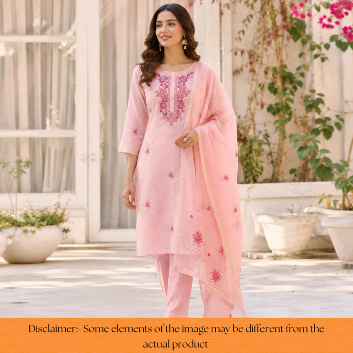 Ruby Pastel Peach Kolkata Hand Embriodered Kota Doriya Set