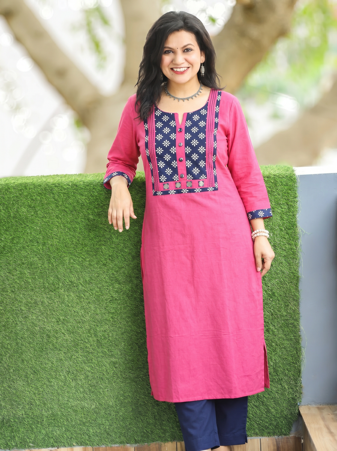 Sridevi Magenta Pink Potli with Mirror Ajrak Yoke Cotton Kurti