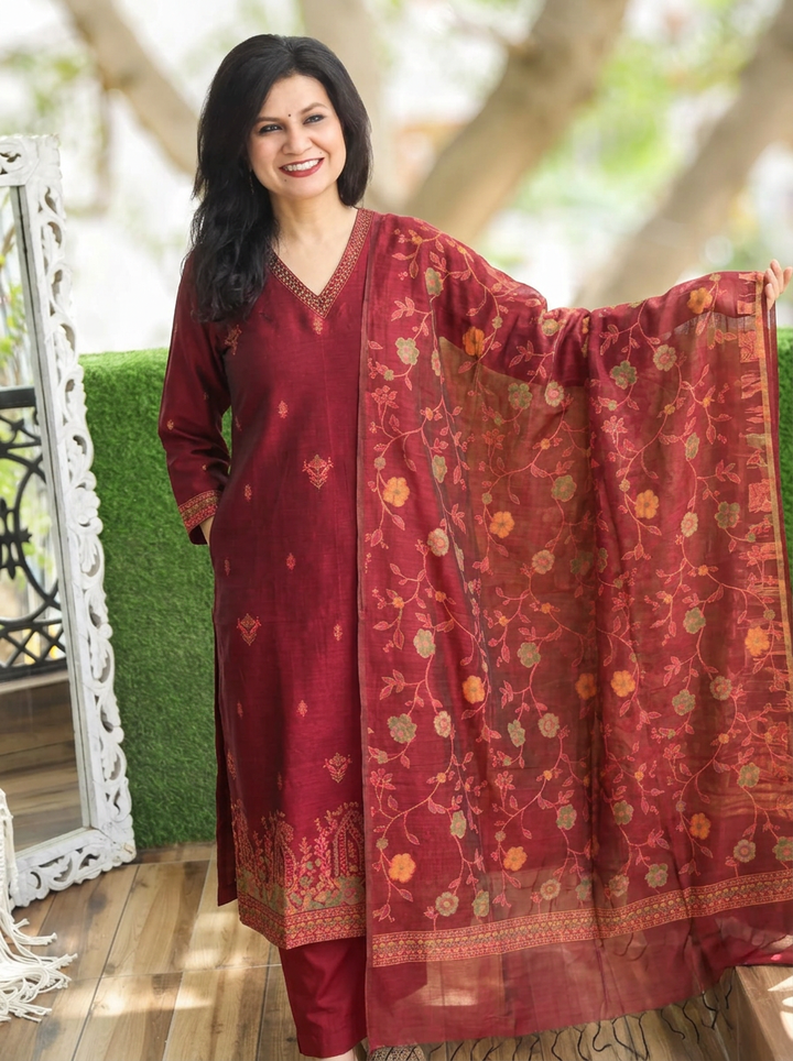 Madhuri Red Floral Jamdani 3 Piece Set