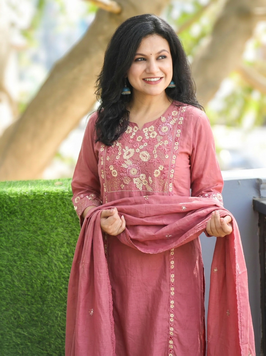Rimjim Mauve Blush Embroidered Mul Cotton Set