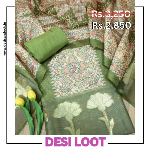 Saheli Grass Green Madhubani Print with Zari Detailing Korean Tussar Chanderi Set