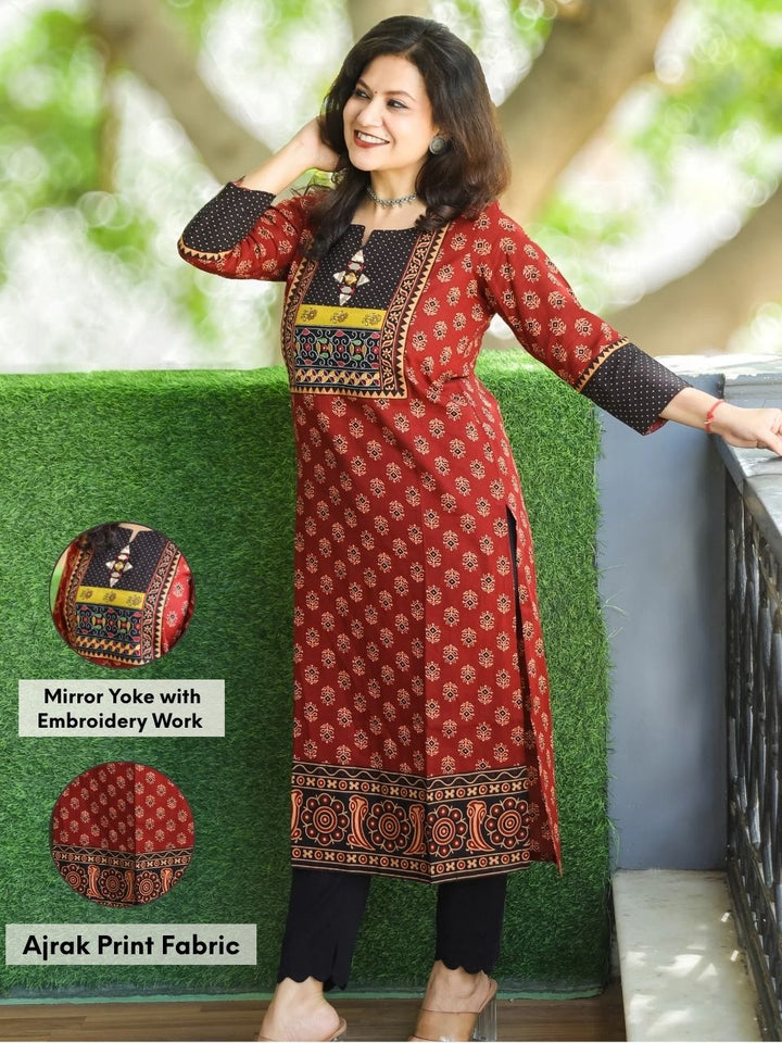 Mohini Maroon Red Kutch Mirror Yoke with Embroidery Gamthi Print Cotton Kurti-D3