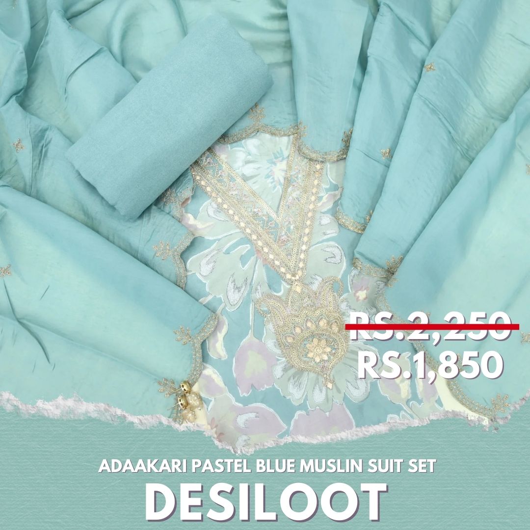 Adaakari Pastel Blue Zari Embellish Neck Work Floral Print Muslin Suit Set