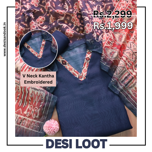 Soniye Navy Blue V Neck Kantha Embroidered Chanderi Suit Set