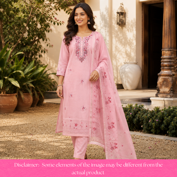 Ruby Orchid Pink Kolkata Hand Embriodered Kota Doriya Set